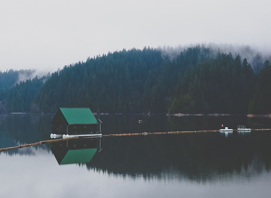 green and black house on lake during day time, wild, pacific HD wallpaper