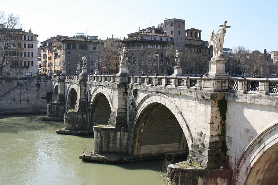 rome, bridge, statue, architecture, built structure, water HD wallpaper