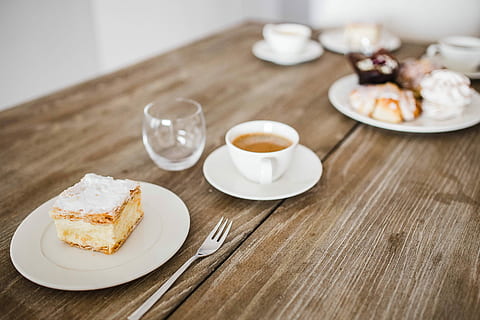 Sweet dessert with cream and a cup of coffee on a table, cake HD wallpaper