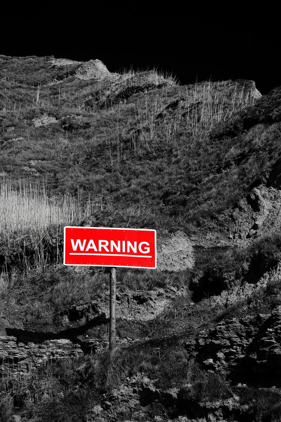 selective color of Warning signage on mountain, Area, Caution, HD wallpaper