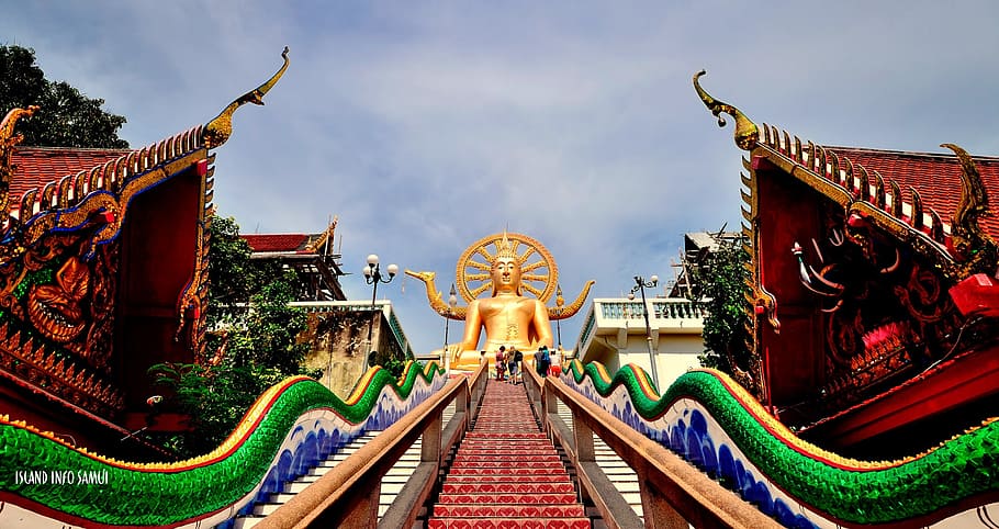 gold Buddha statue under cloudy sky, temples, buddhist, koh samui HD wallpaper
