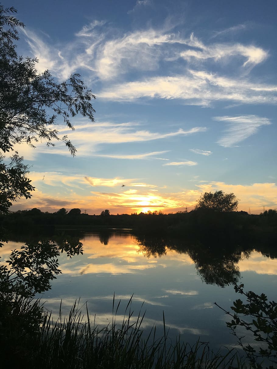 lakes, sunset, water, landscape, sky, nature, blue, evening HD wallpaper
