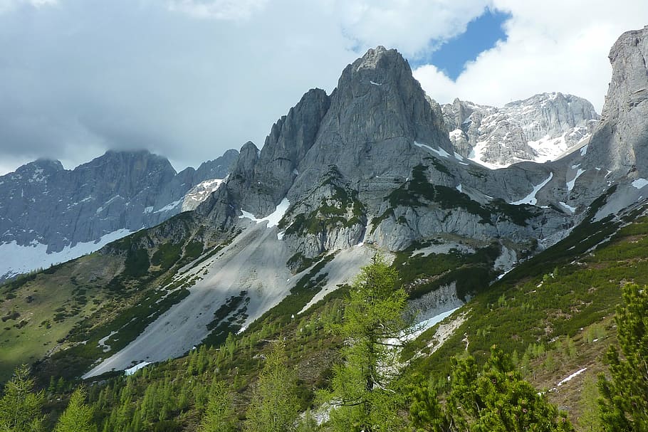 mountain, peak, snow, spring, high, alpin, alps, clouds, nature HD wallpaper