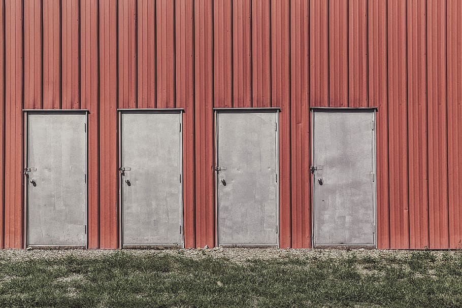 four gray metal doors, urban, lazy, building, warehouse, red