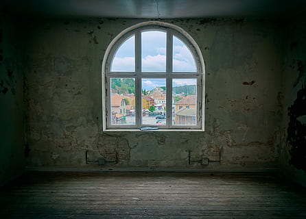 clear glass window inside wood parquet floor, closed casement window in empty room HD wallpaper