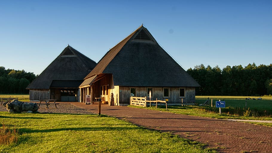 sheepfold, landscape, blue sky, architecture, built structure HD wallpaper