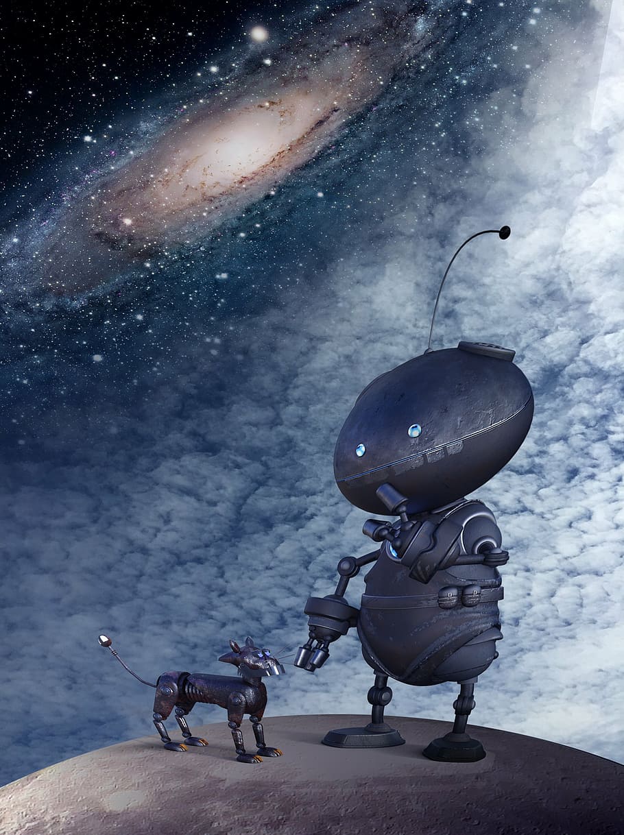two robots in galaxy wallpaper, home, lost, alone, cosmos, space walk HD wallpaper