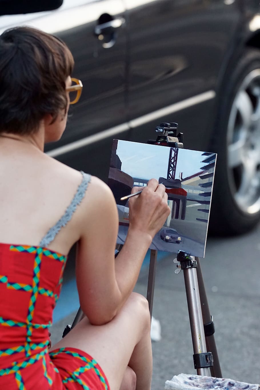 art, paint image, artist, painter, female, road, traffic, real people HD wallpaper