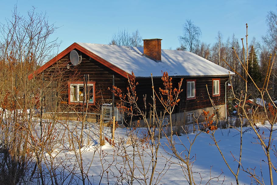 snow, winter, cold, beautiful, red, traditional, wood, cottage HD wallpaper