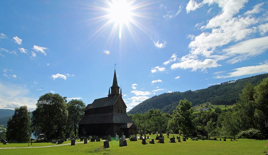 stave church, norway, back light, cemetery, places of interest, HD wallpaper