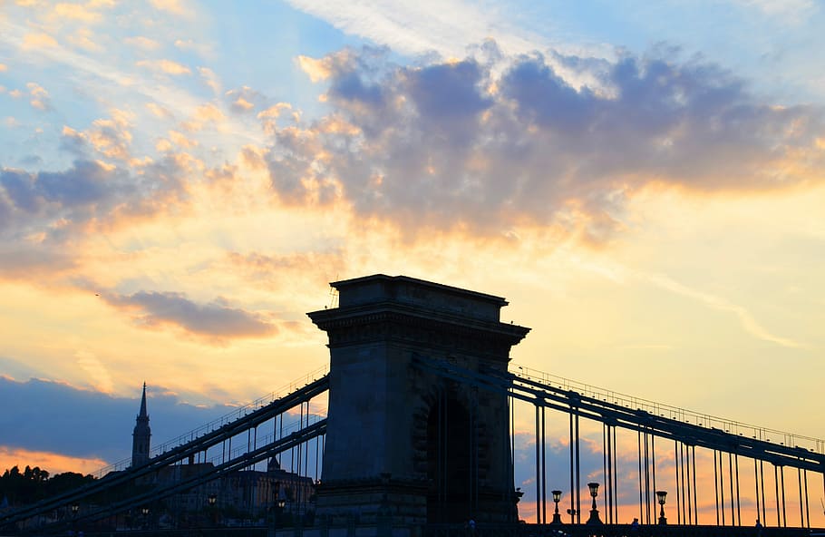 Bridge, Sunset, Clouds, Building, budapest, hungary, dusk, danube HD wallpaper