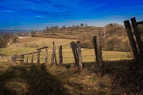 brown wooden fence, landscape, away, nature, sky, forest, barbed wire HD wallpaper