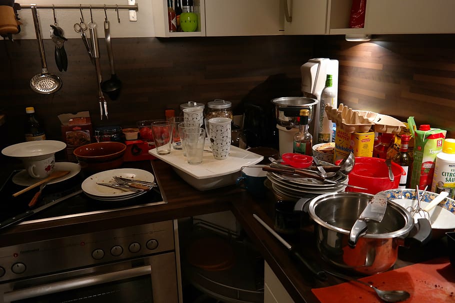 stainless steel bowl and dinnerware set, kitchen, a mess, unclean HD wallpaper