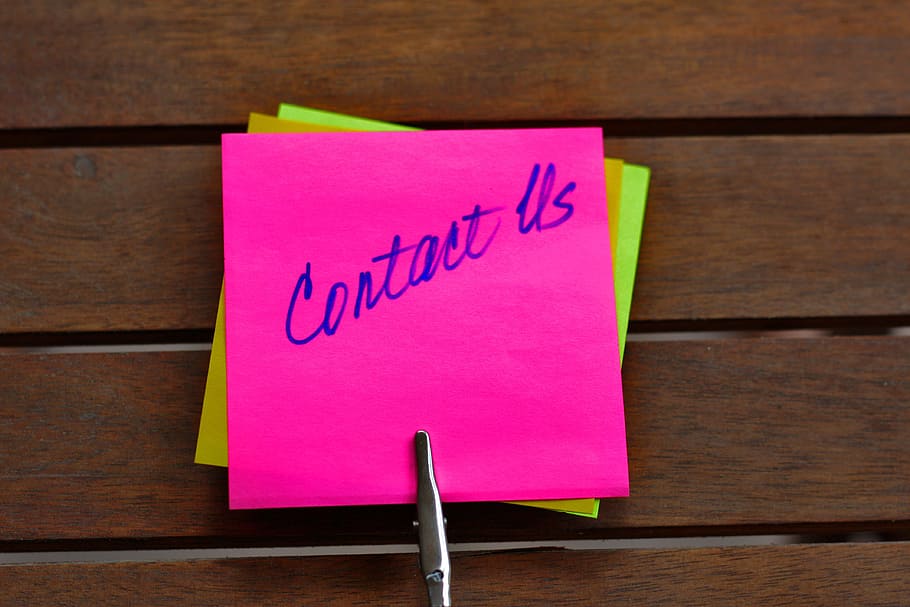pink sticky note with contact us text, pink paper, e-mail, communication HD wallpaper