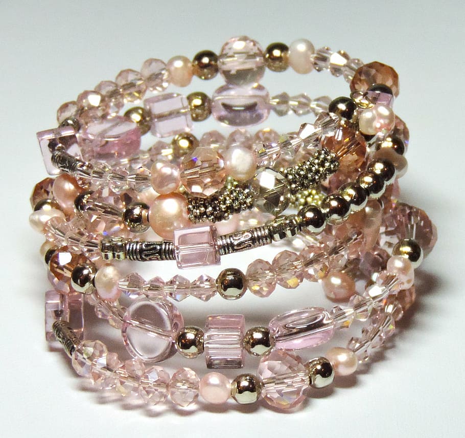 beaded pink and white bracelets, bangle, cuff, fashion, female HD wallpaper
