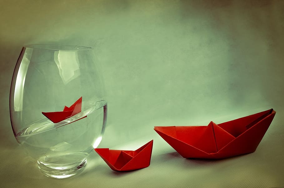 red paper boat and glass, ship, away, vase, water, travel, concept HD wallpaper