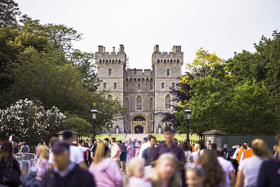 shallow focus photo of castle during daytime, group of people walking in front of castle during daytime HD wallpaper