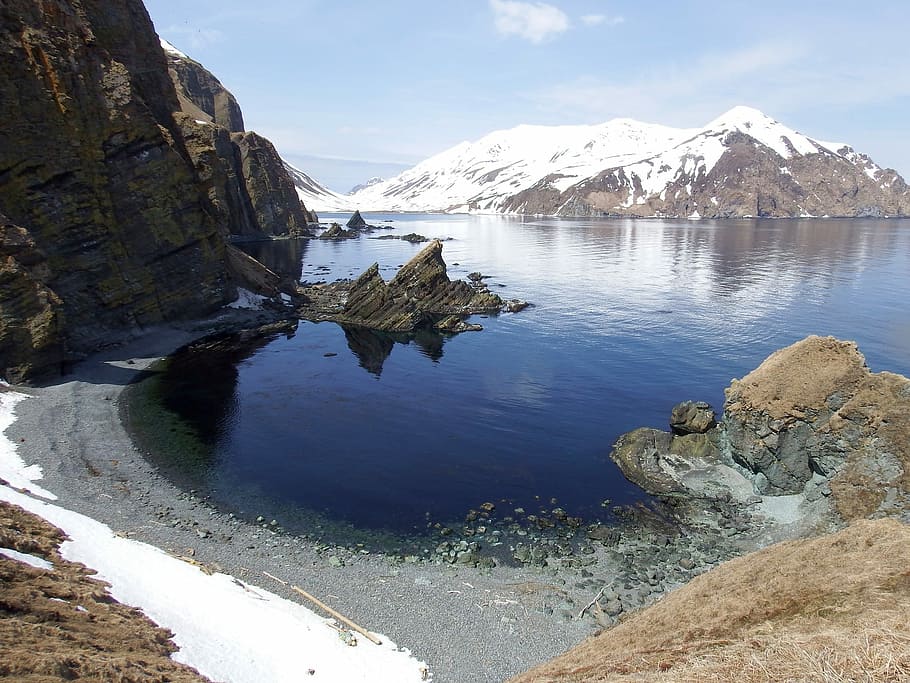 Bay, Ocean, Beach, Rocks, Spring, Snow, reflection, seascape HD wallpaper