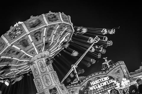 black white, funfair, funfair carousel, night, amusement park HD wallpaper