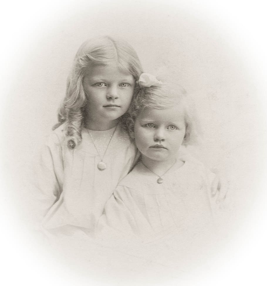 grayscale photo of two girls, vintage, children, 1910, sepia, HD wallpaper