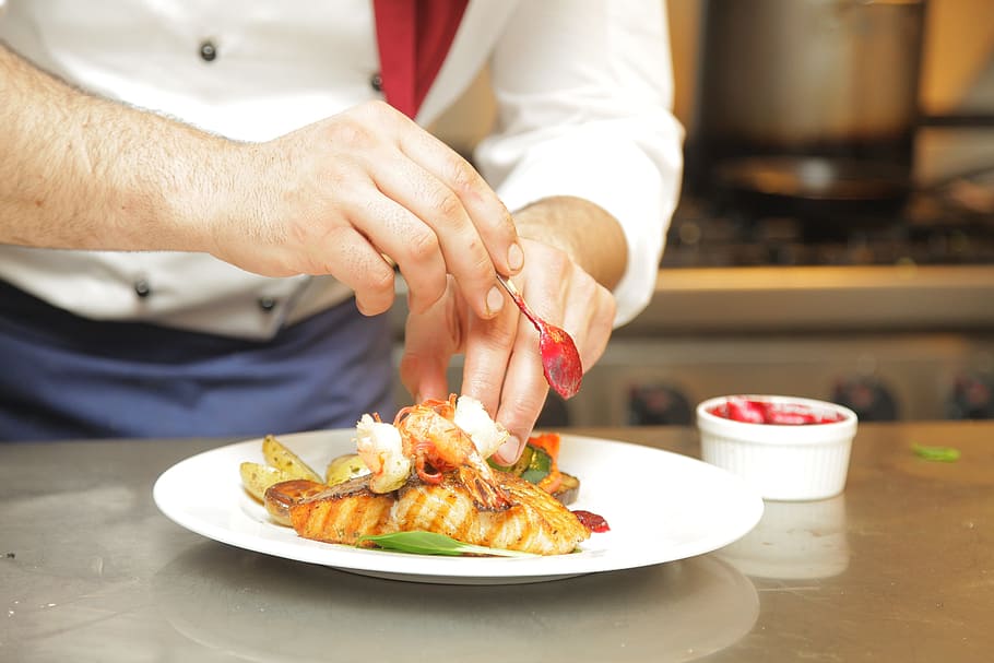 chef arranging food dish on white ceramic plate, smell, cook HD wallpaper