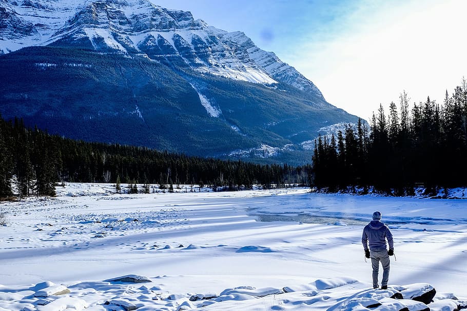 nature, landscape, mountains, trees, snow, blue, people, man HD wallpaper