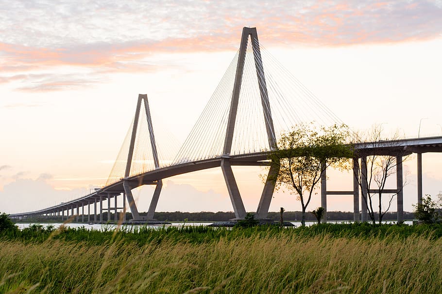 bridge during sunset, Charleston, South, Southern, landscape, HD wallpaper