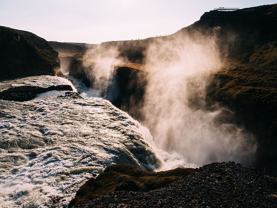 waterfall, mist, stream, waves, splash, mountains, cliffs, rocks HD wallpaper