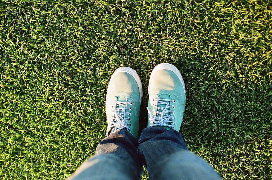 person wearing teal low-top sneakers, feet, legs, grass, lawn HD wallpaper