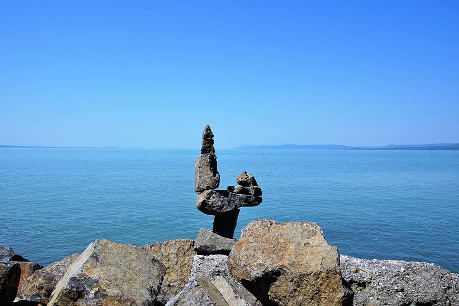 Stones, Balance, Cairn, even, stone tower, stow, pyramid, sea HD wallpaper