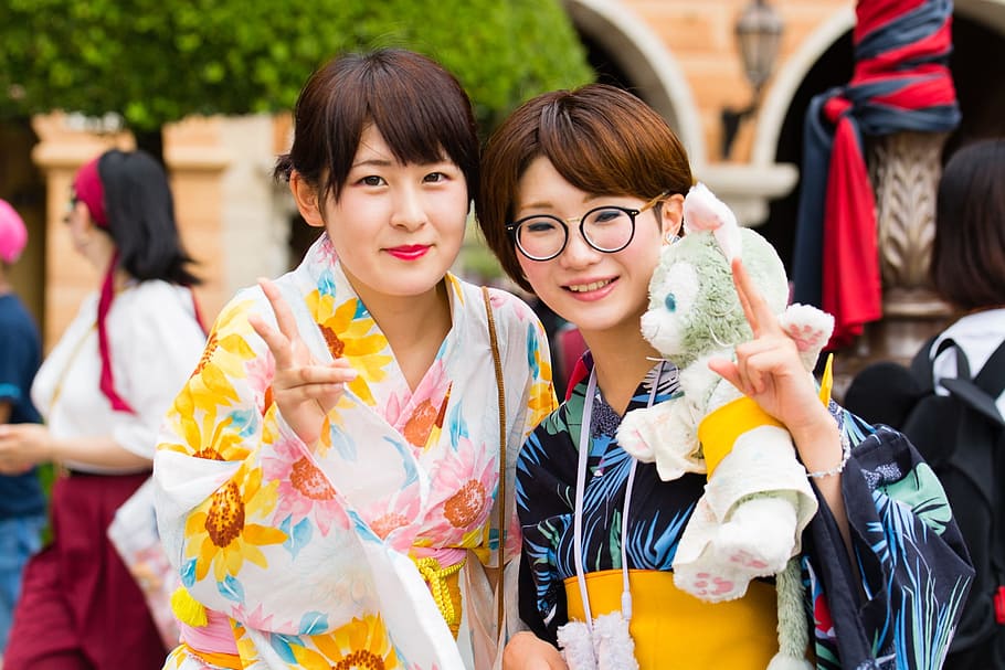 japanese, kimono, portrait, women, smiling, happiness, adult HD wallpaper