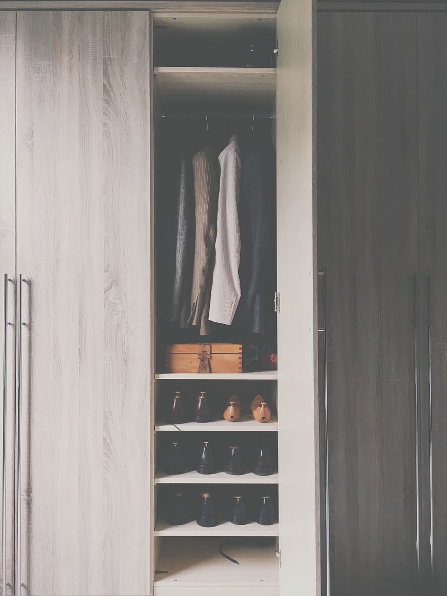 grey wooden cabinet, wardrobe, closet, door, open, shoes, clothing, HD wallpaper