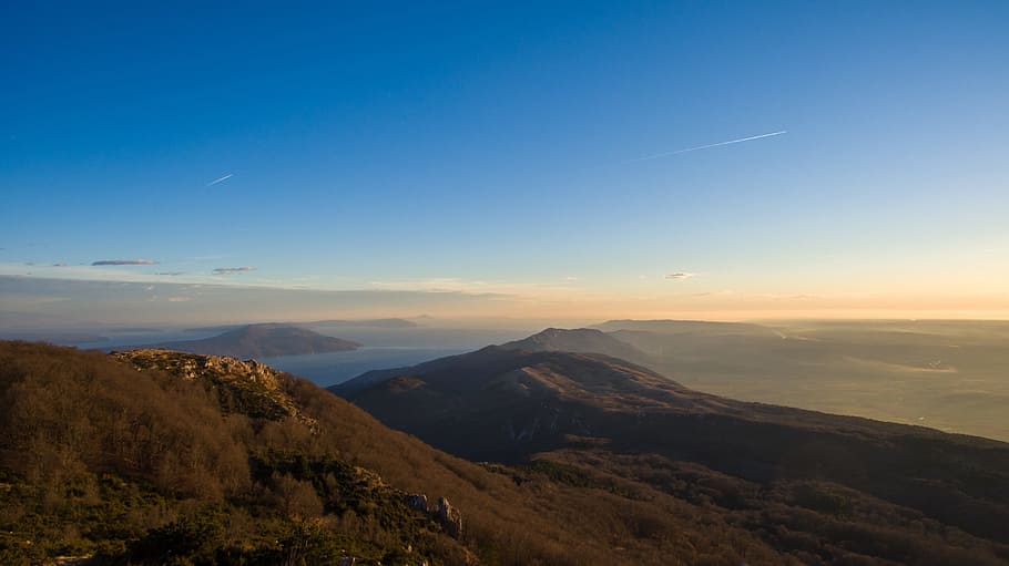 Sunset, Mountain, Nature, Landscape, Sky, tree, forest, blue HD wallpaper
