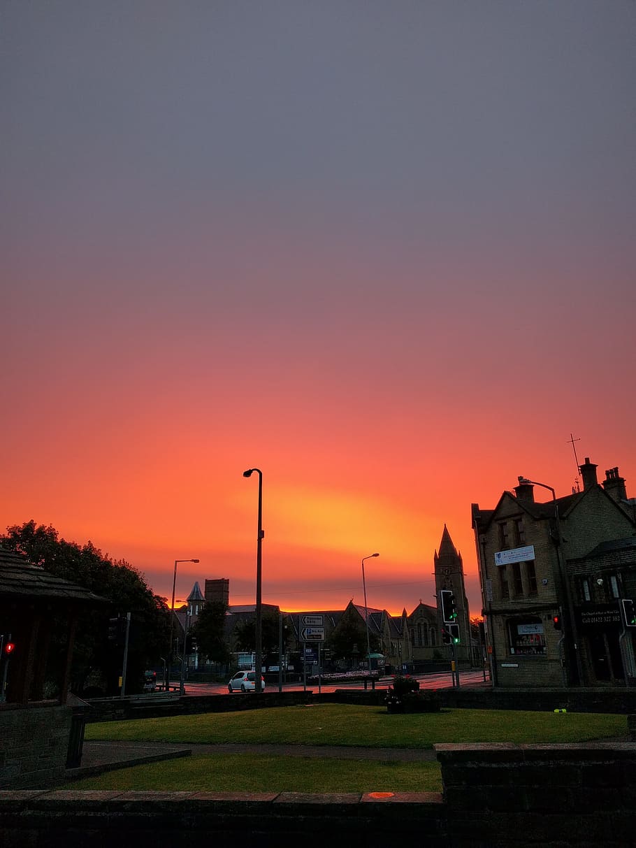 sunrise, orange sky, landscape, clouds, church, halifax, west yorkshire HD wallpaper