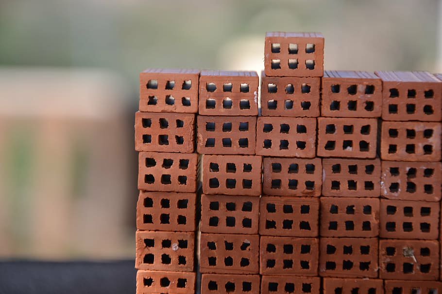 selective focus photo of red bricks, model, stack, work, mason HD wallpaper