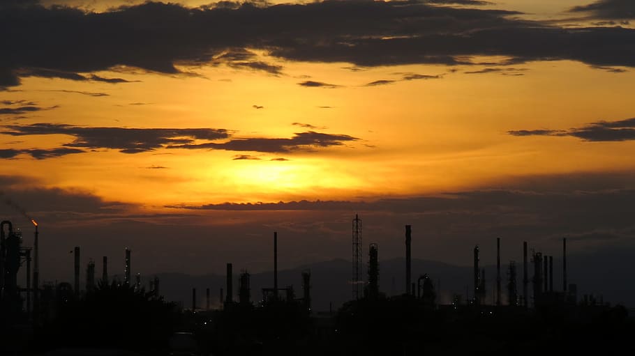 sunset, petroleum, refinery, oil, gas, yellow, ocher, horizon HD wallpaper