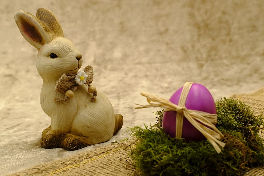 brown bunny wooden decor beside easter egg, easter bunny, easter celebration HD wallpaper