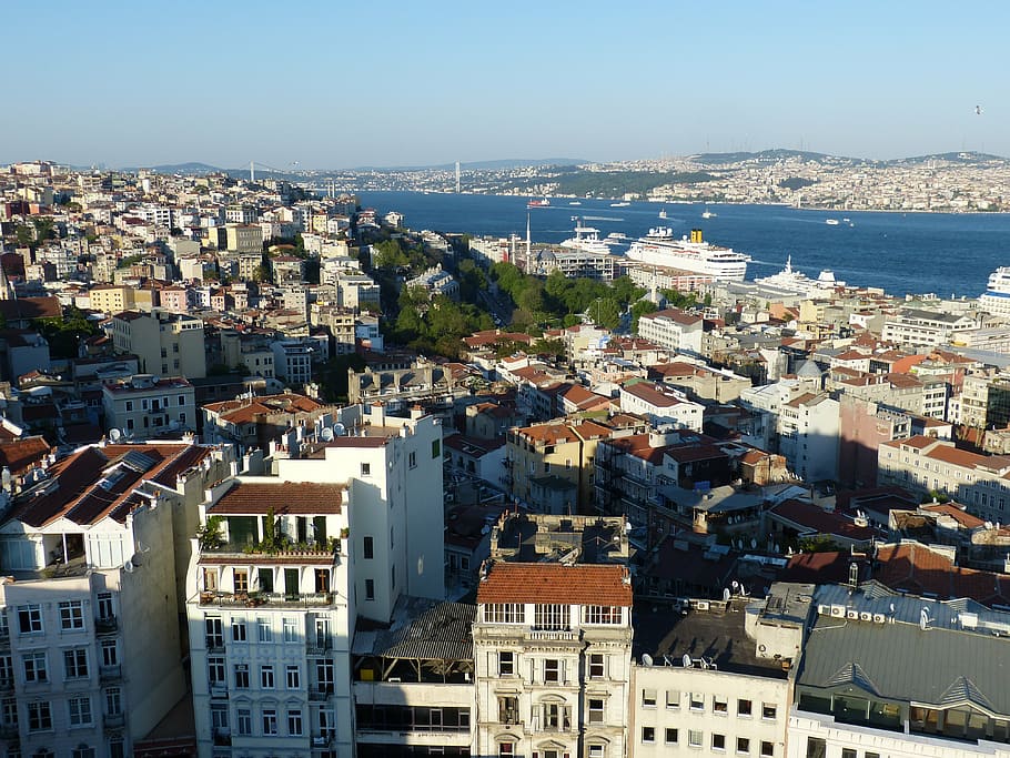 aerial view of city near body of water, istanbul, turkey, bosphorus
