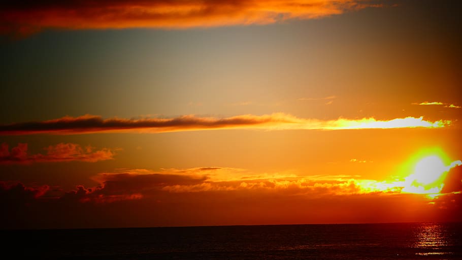 sunset, dawn, evening, dusk, sky, sea, water, horizon over water HD wallpaper