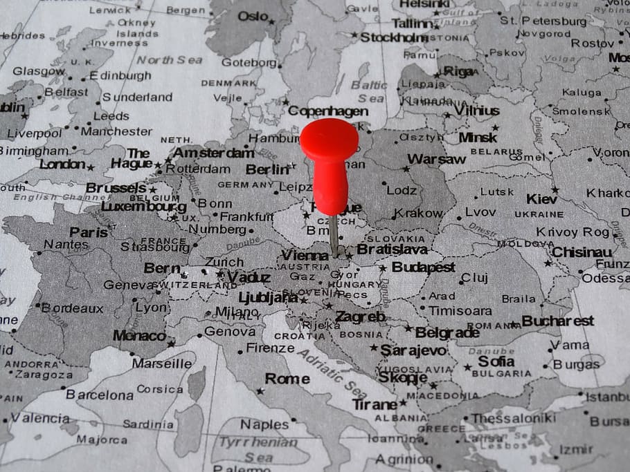 red button pin pinned on map, atlas, vienna, meeting point HD wallpaper