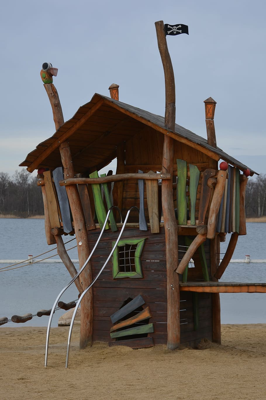 castle, tower, children's playground, water, wood - material HD wallpaper