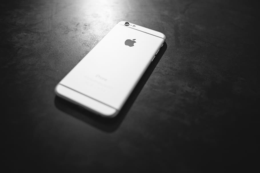 silver iPhone 6 above black wooden surface, apple, cell, telephone, HD wallpaper