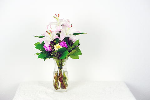 white and pink lily flowers in clear glass vase on table, bouquet HD wallpaper