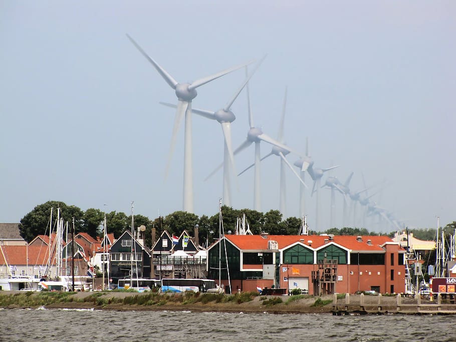 wind turbine, wind energy, landscape, horizon, fishing village, HD wallpaper