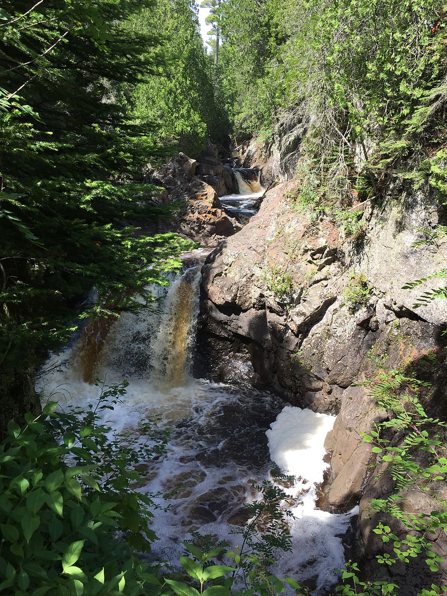 trees, waterfall, canyon, looking down, river, rocks, plant HD wallpaper