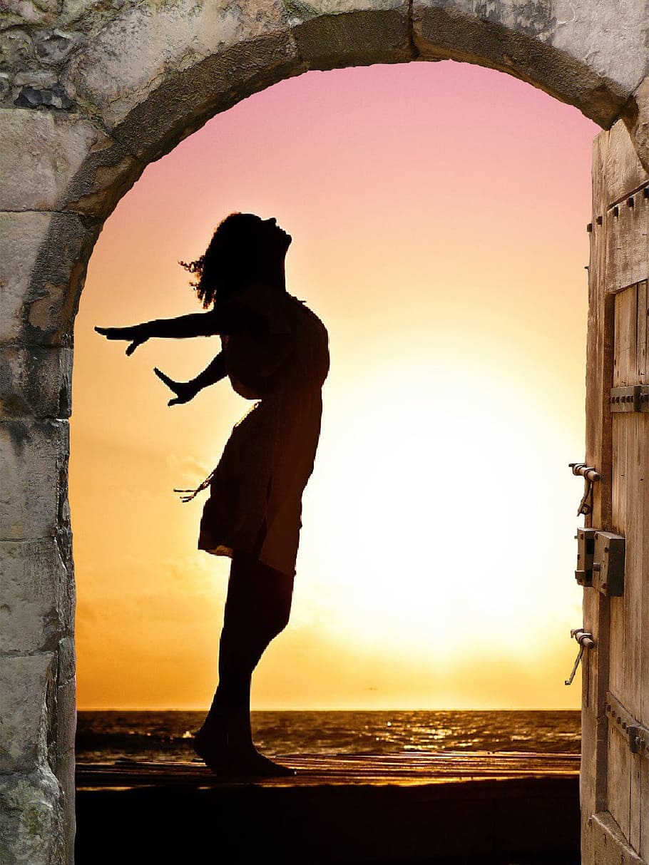 person standing beside door during sunset, goal, dom, joy, luck, HD wallpaper