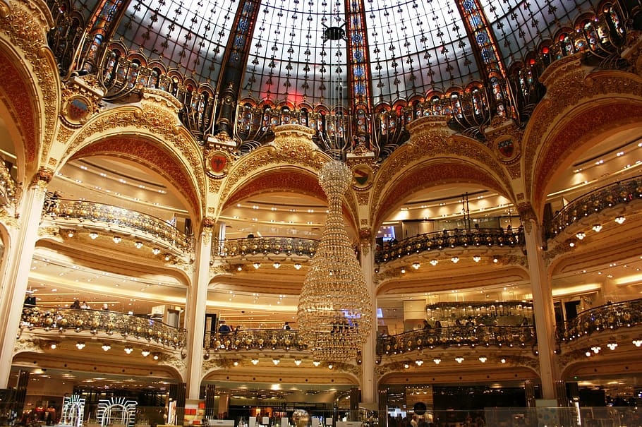 lafayette galleries, arcos, dome, paris, ceiling, architecture HD wallpaper