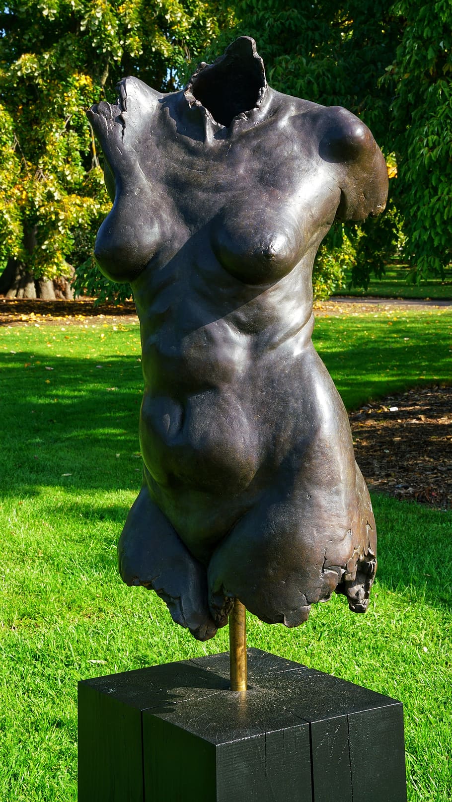 female, woman, torso, art, sculpture, bronze, kew gardens, london, HD wallpaper