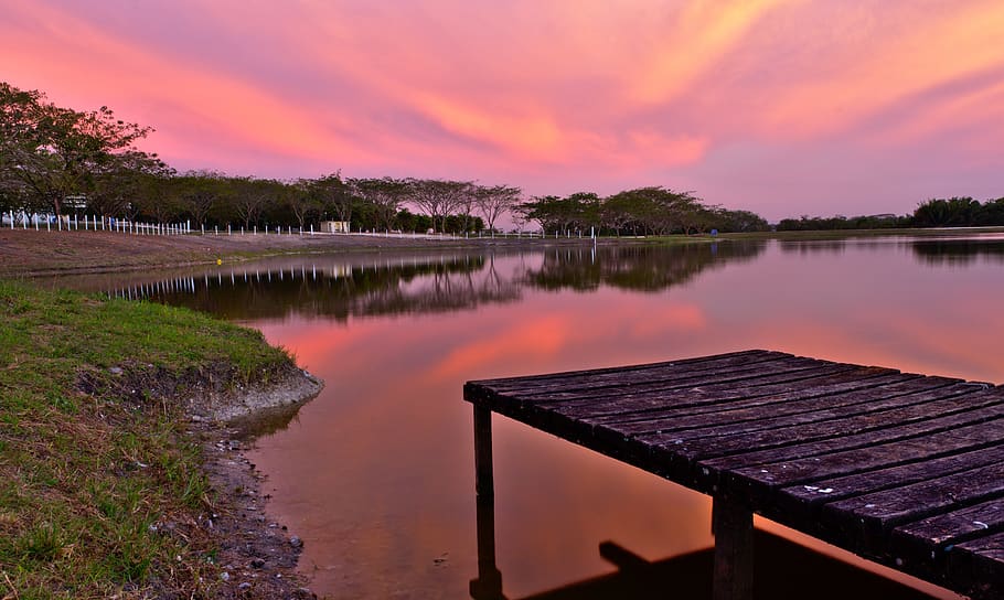 water, lake, reflection, sunset, panoramic, dock, dusk, sky HD wallpaper
