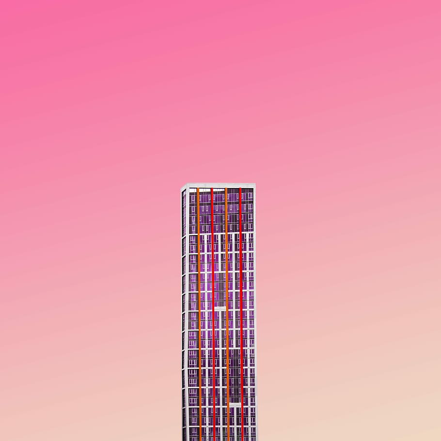 low angle photography of building, high-rise building with pink background HD wallpaper